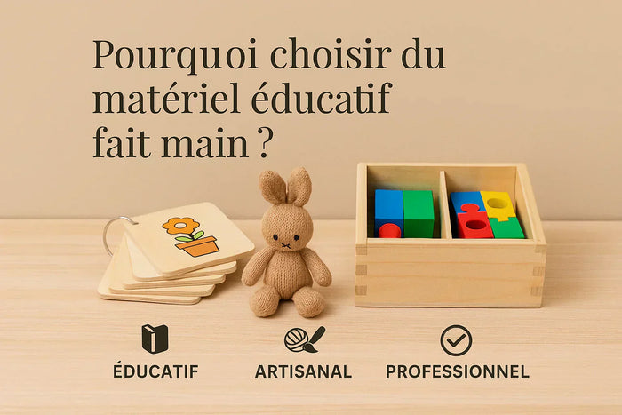 Boîte en bois éducative faite main contenant des perles et outils de motricité fine, posée sur une table, illustrant l’importance du matériel éducatif artisanal.