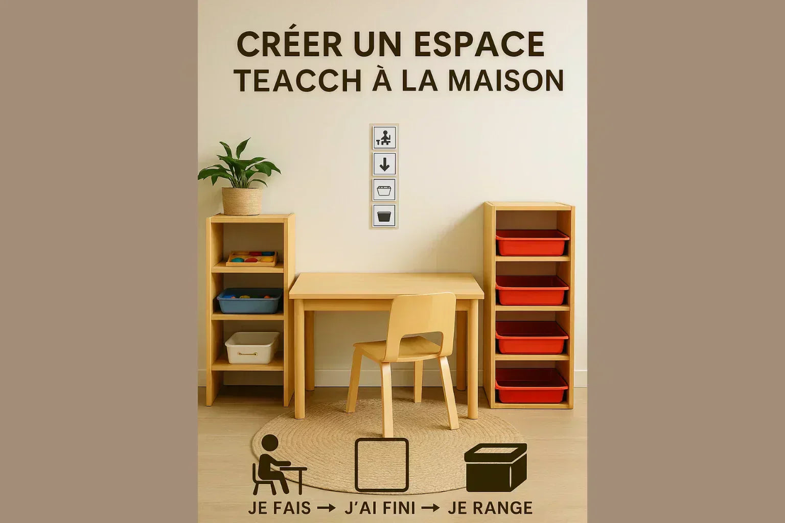 Espace TEACCH aménagé à la maison avec bureau, étagères et activités structurées pour accompagner un enfant TSA vers l’autonomie.