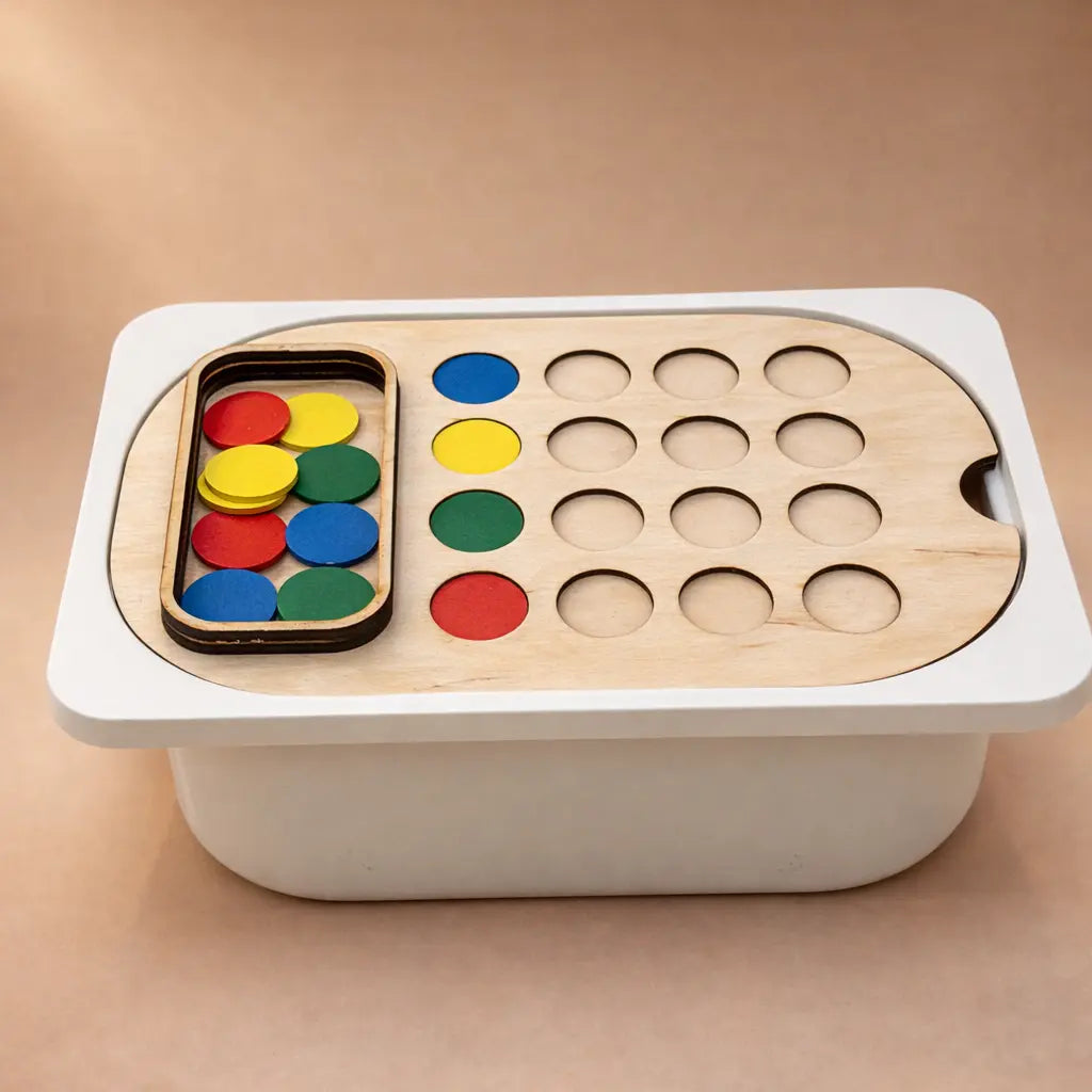 Insert de motricité fine en bois avec emplacements ronds vides, activité éducative structurée type task box compatible bac Trofast