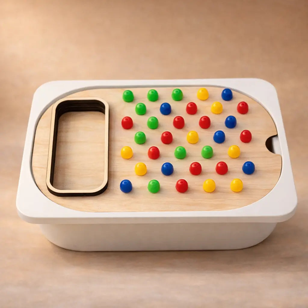Insert de motricité fine en bois pour enfant avec picots colorés, activité éducative structurée type task box compatible bac Trofast