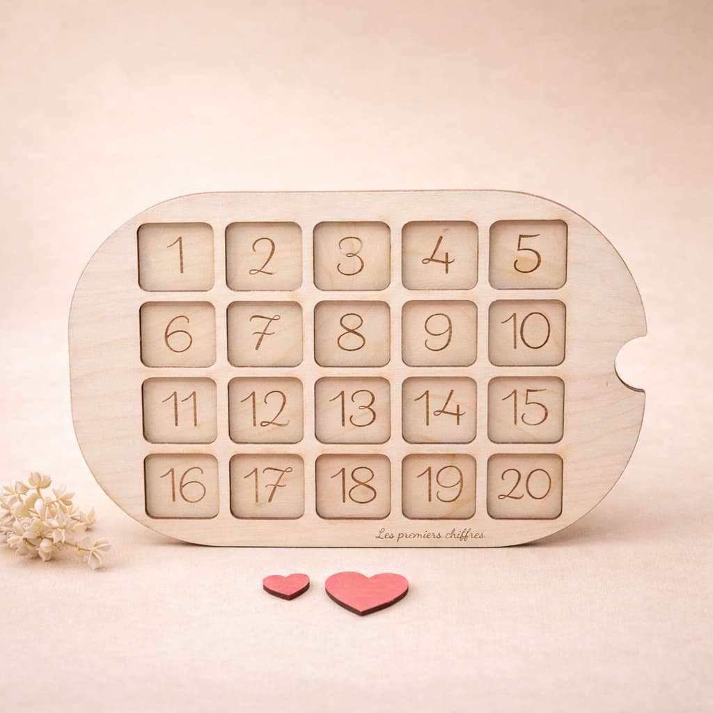 Insert apprentissage Chiffres artisanale – Les idées de Liloumilla, jeu sensoriel fait main en France.